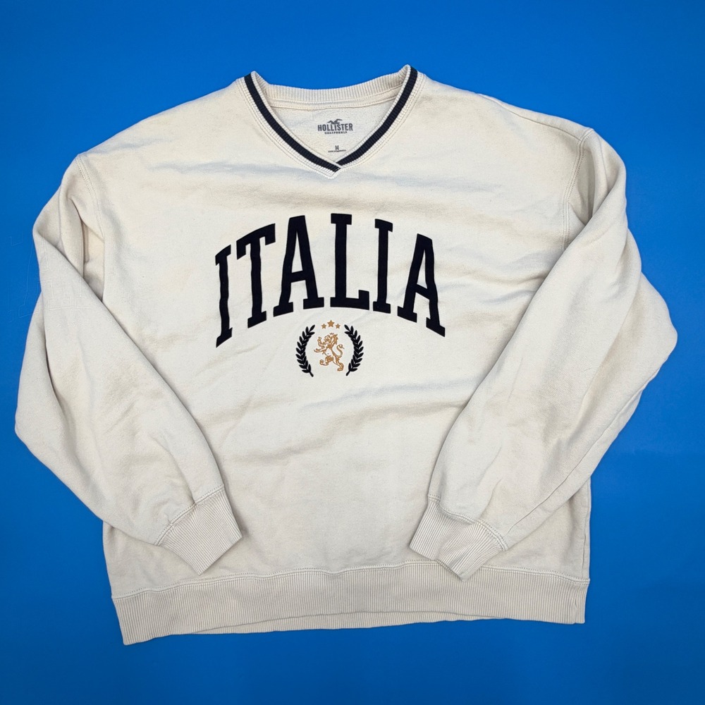 Hollister Italia V-Neck Sweatshirt Cream Graphic Pullover Size M